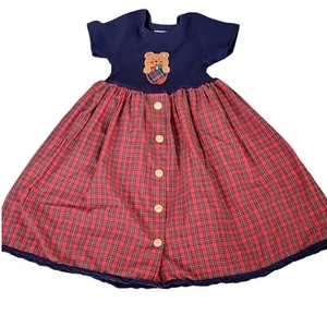 Vintage 1990's Bonnie Jean Plaid Teddy Bear Dress Girl Size 4 - Picture 1 of 8