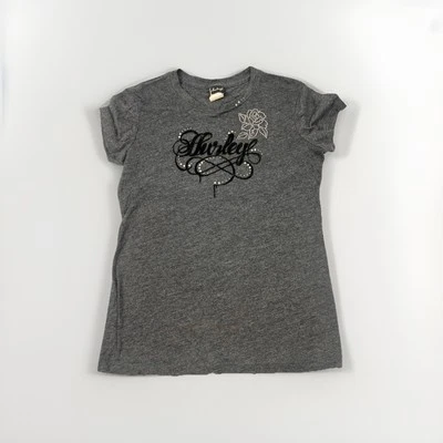 Camiseta para mujer Hurley pequeña gris gráfica rosa pedrería logotipo brillante Foto 1 de 4