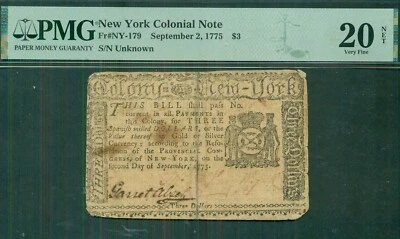 NEW YORK Colonial Note 1775, $3, Fr. #NY-179, PMG Grade 20 Very Fine - Image 1 of 2