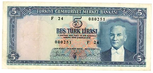 Turkey  ...  P-174 ... 5 Lirasi ... L.1930 (1965) ... Choice *VF+*😃 - Picture 1 of 2