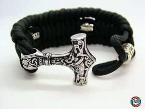 Black & Silver THORS HAMMER Viking Bracelet with Runes - Mjolnir Rune Bracelet