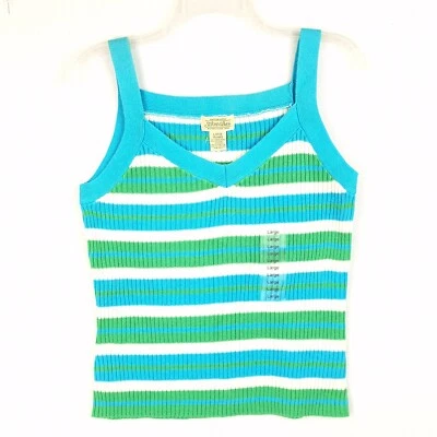 St. John's Bay L Knit Tank Top Aqua White Green Stripe Career Casual Sporty - Image 1 of 4