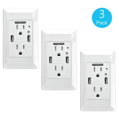 3 PK 15A AC Socket Wall Outlet with LED Night Light and 2 USB Ports Charging US - Image 1 of 4