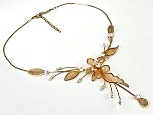 Delicate Bronze Colored Wire Floral 18" Necklace Clear Rhinestones - Picture 1 of 12