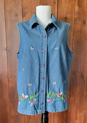 Vintage Women 14 Embroidered Denim Vest Floral Butterfly Detail Cottagecore 90s - Image 1 of 4
