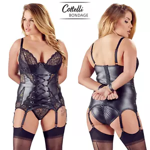 Cottelli Bondage Basque e Slip Neri con Pizzo Floreale Trasparente e Bretelle - Foto 1 di 12