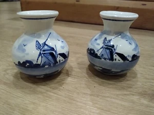 Two Vintage Delftware Small Pottery Vases Dutch Windmills - Picture 1 of 5