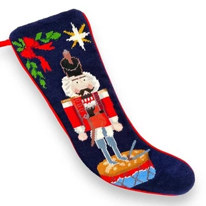 Vtg Nutcracker Needlepoint Christmas Stocking Soldier Drum Finished Red Back 21" - Picture 1 of 6