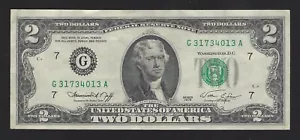 1976 USA $2 Two Dollar Bill Series (G) Number G31734013A Circulated Condition - Picture 1 of 2