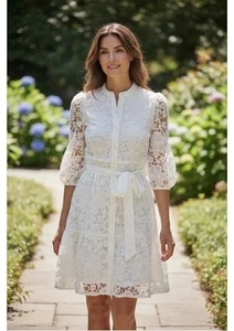 Mujer Vestido Blanco Leche Y Miel Corto Con Hermoso Detalle Corbata Cinturón Talla Med - Imagen 1 de 4