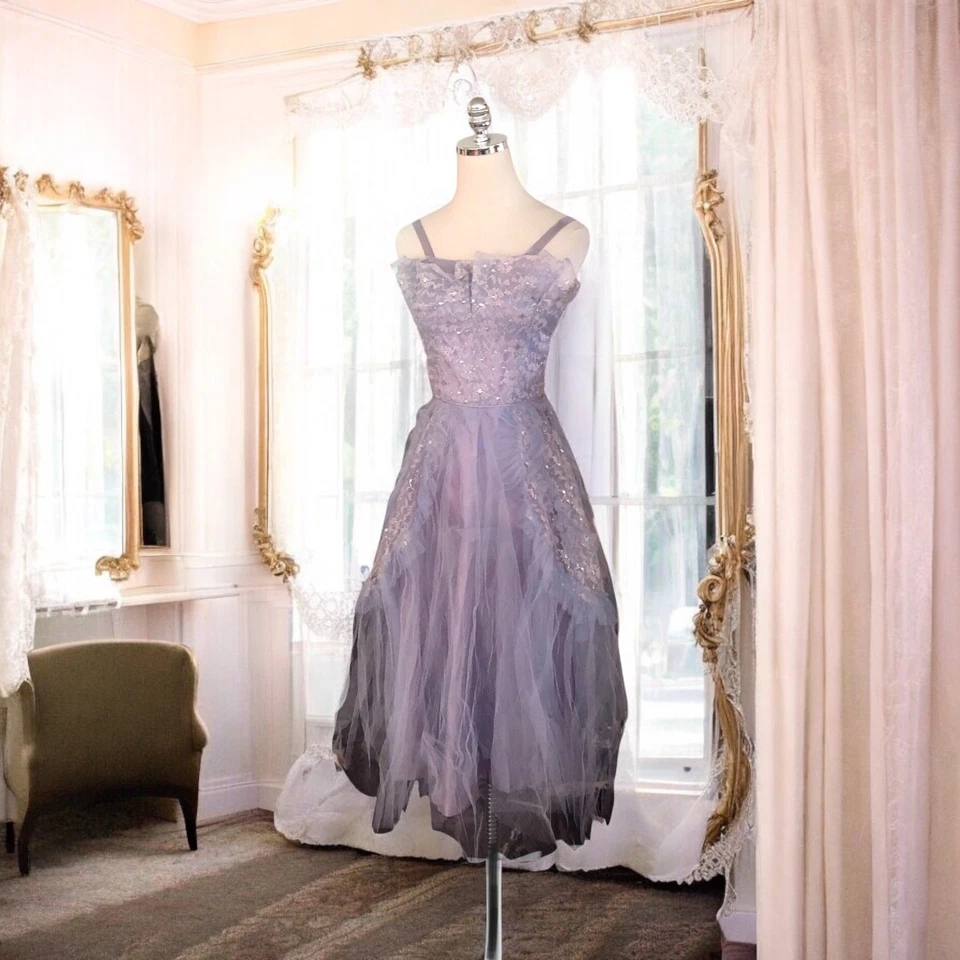 Vtg 50s Purple Blue Tulle Dress Party Prom Cupcake Ruffled Netting Floral Lace S - Image 1 of 4
