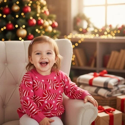 Girls Candy Cane Christmas Sweater – Pink Holiday Knit Pullover – Kids Christmas - Image 1 of 4