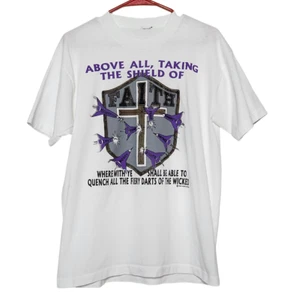 VTG Walking Word T-Shirt Single Stitch Graphic Tee Religious Faith Shield - Picture 1 of 6