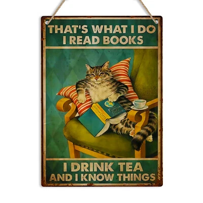 Book Cat Tea Lover Vintage Metal Sign Retro Home Decor Wall Plaque Reading Gift - Image 1 of 4