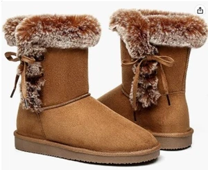 Size 6 Women Winter Snow Boots Sheepskin Fur Lined Suede Mid Calf Warm Boots - Picture 1 of 4
