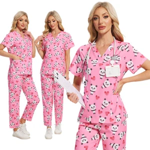 Printed Scrub Uniform Set Medical Doctor Nursing Tops Pants Men Women Wholesale - Picture 1 of 30