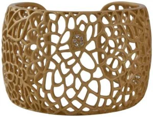 SATIN GOLD CUFF BRACELET WITH OPEN ABSTRACT DESIGN & PAVE CRYSTAL ACCENTS, GO... - Picture 1 of 1