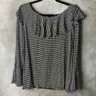 Suzanne Betro Blouse Womens Large Black Striped Bell Sleeves Ruffle Collar NWT 