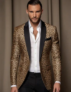 Giacca uomo leopardata vestibilità regolare scialle risvolto formale matrimonio festa blazer casual - Foto 1 di 5