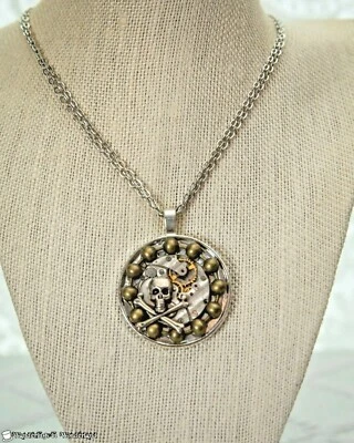 PIRATE NECKLACE Skull Clock Steampunk Goth Biker Handcrafted Silver - Image 1 of 2