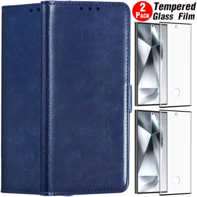 Blue For Samsung Galaxy S24 Ultra 5G PU Leather Case Wallet Cover Tempered Glass - Image 1 of 4
