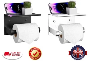 Toilet Roll Holder Self Adhesive Wall Mounted with Shelf Storage Chrome & Black - Picture 1 of 25