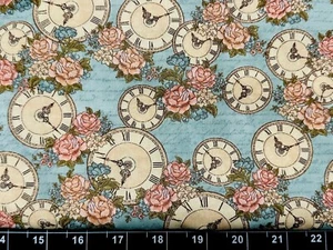 Tina Scrap 9"x21" Vintage Clock Flower Pink Rose Shabby Chick Chic Cotton Fabric - Picture 1 of 1