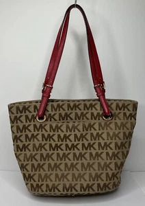 Michael Kors MK Signature Red Leather Trim Canvas Tote Shoulder Handbag Purse - Picture 1 of 10