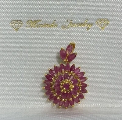 14k Solid Yellow Gold Round Cluster Pendant/ Charm Natural Ruby 3.05 Grams - Image 1 of 4