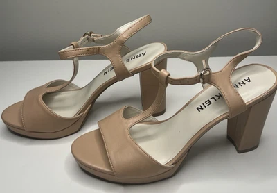 Anne Klein Vita High Heel Shoes Sandals size 7 1/2 Nude Block Heel Minimalist - Image 1 of 4