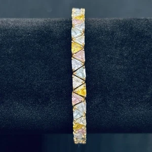 925 Sterling Silver Gold Trillion Cut Blue Pink Yellow CZ Tennis Bracelet 8” 20g - Picture 1 of 8