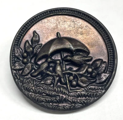 Antique Vintage Large Metal Picture Button Birds With Umbrella 1- 3/8” - Image 1 of 2