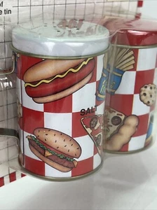 NIP VTG Fun Tin Salt & Pepper Shakers Pizza Burger Fries Hotdog Soda Images - Picture 1 of 6