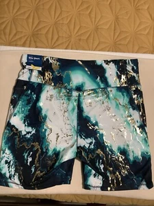 Old Navy WOMENS Powersoft High Rise Bike Shorts Blue/Green/Gold Foil Marble XXL - Picture 1 of 2