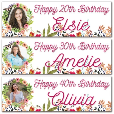 2 Personalised birthday banner flower butterfly adults party poster decoration - Image 1 of 2