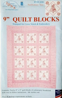 New Jack Dempsey Stamped Embroidery 12-9" x 9" Squares Quilt Sunbonnet Sue Pink - Image 1 of 3