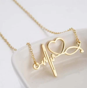 Gold Heartbeat, Heart Necklace Electrocardiogram EKG Beat, Nurse, Doctor Love - Picture 1 of 2