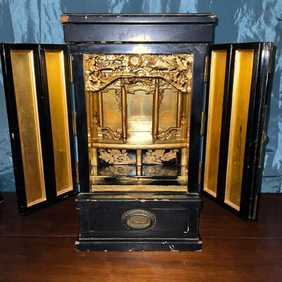 Antique shrine temple alter carved wood gilt black lacquer table top  21 in high - Image 1 of 4