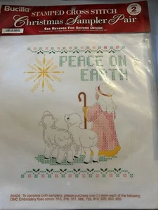Vintage Bucilla Stamped Cross Stitch Christmas Sampler Pair Embroidery - Santas - Picture 1 of 4
