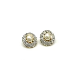 Faux Pearl Rhinestone Earrings Gold Tone Studded Button - Picture 1 of 5