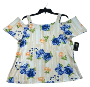 JM Collection Blouse Womens Size Large Petite PL Tan White Floral Patter  New - Picture 1 of 7
