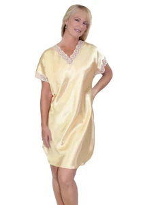 Sleepshirt Women's Gold Satin Nightgown Silky Short Sleepwear Lace Trim Dress - Picture 1 of 4