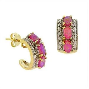 Gold Tone over Silver Diamond Accent & Lab Created Pink Opal Half Hoop Earrings - Picture 1 of 1