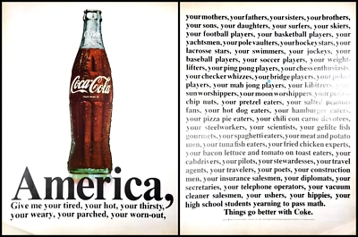 PRINT AD 1968 Coca Cola Coke Bottle America Give Me Your Tired Hot 2 pg - Image 1 of 3