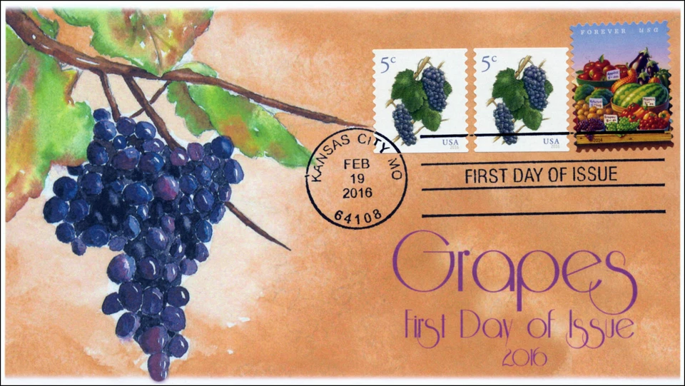 2016, Grapes, 5 cent, FDC, BW Cancel 16-057 - Image 1 of 1