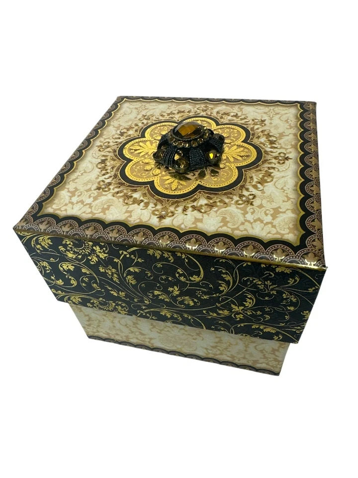 Punch Studio Elegant Square Decorative Box Floral Gold & Black Ornamental Lid - Image 1 of 4