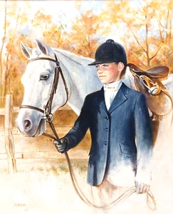 AMERICAN FRED MASON SIGNED OIL on CANVAS EQUESTRIAN WOMAN & HORSE RIDER PORTRAIT - Picture 1 of 13