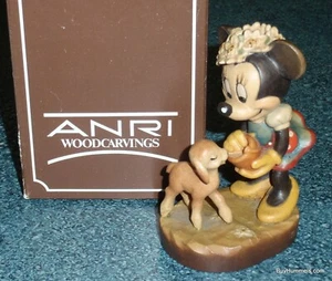 Anri Disney MINNIE MOUSE Feeding Lamb Wood Carved 4" Figure Signed With Box! - Picture 1 of 12