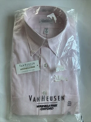 Mens Van Heusen Wrinkle Free Pinpoint Oxford 16.5 34/35 Large Pink White Striped - Image 1 of 4