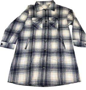 Blau kariertes Flanell Shacket Hemd Kleid Button Down Langarm Taschen Damen L - Bild 1 von 9